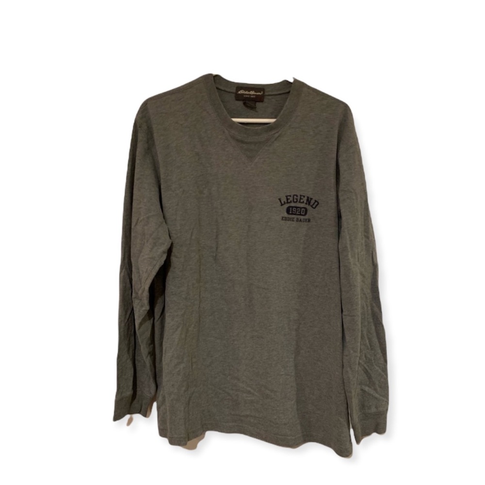 Eddie Bauer Grey Long sleeve Shirt Mens Large L graphic Crewneck Legend